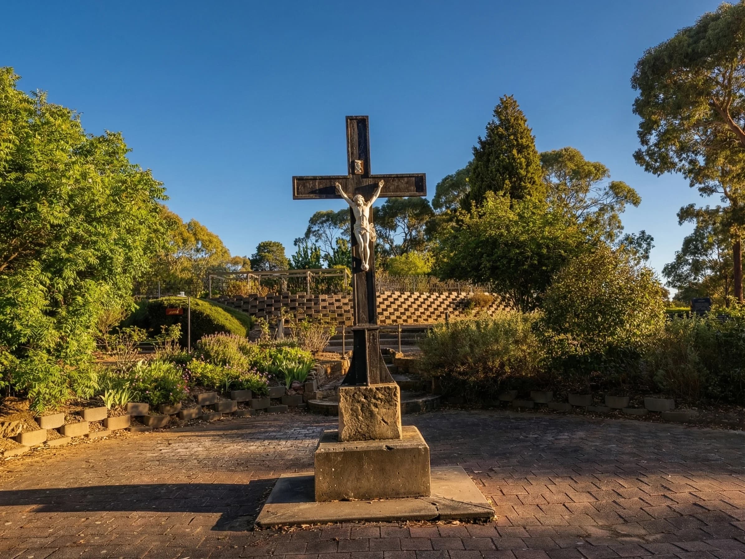 Crucifix and columbarium in the memorial garden